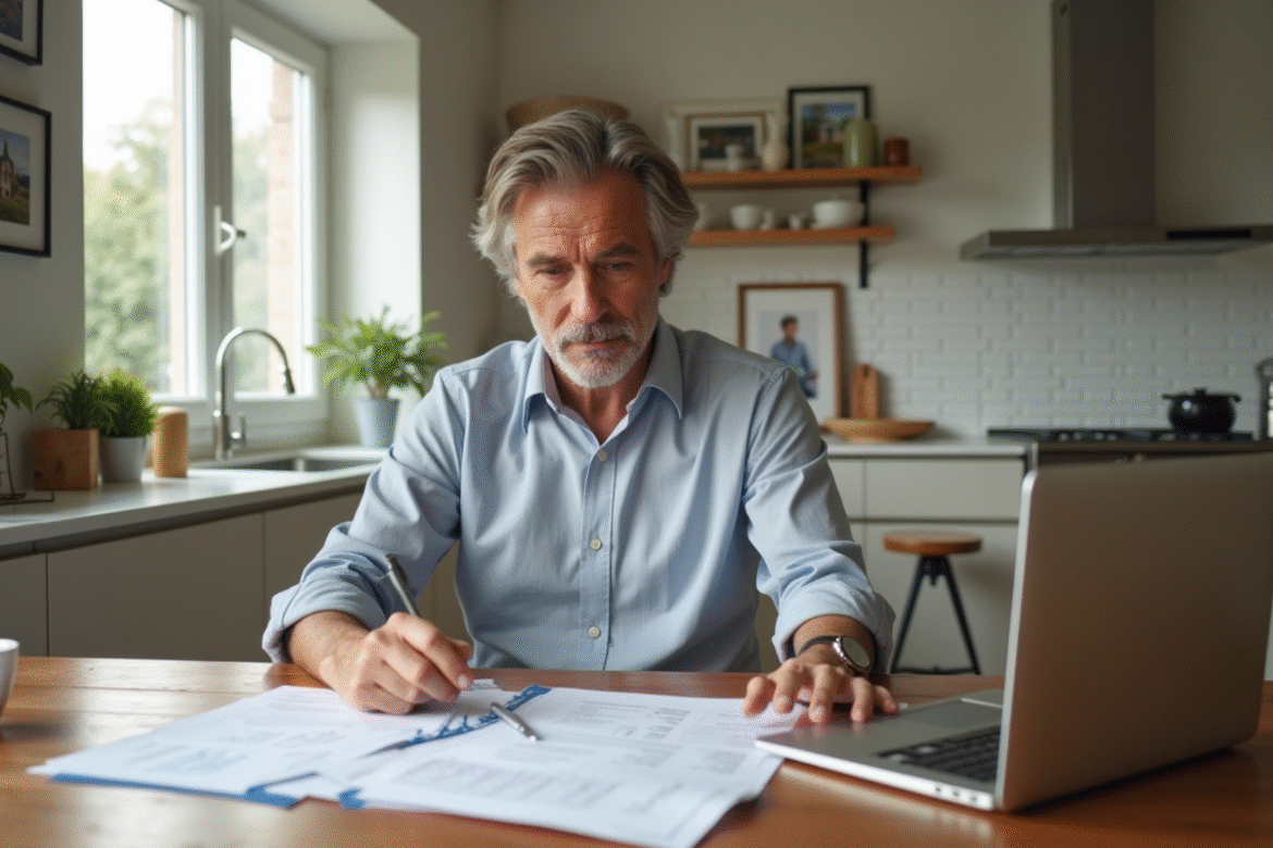 Homme d'âge moyen étudiant des documents de prêt immobilier