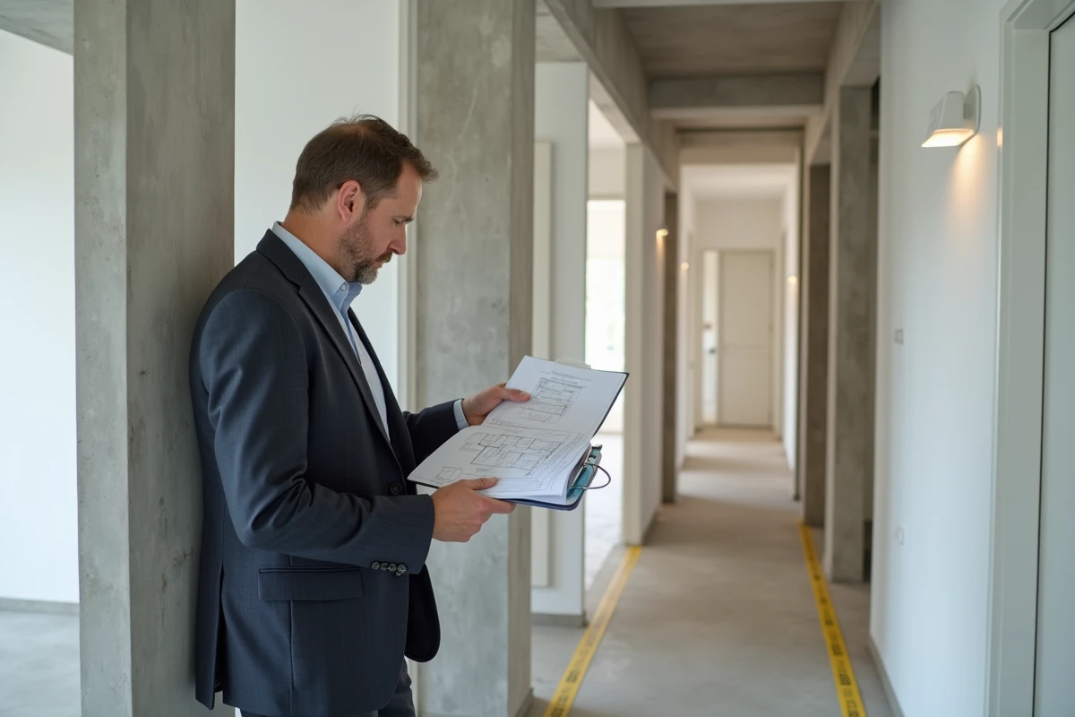 Homme étudie un plan d appartement neuf