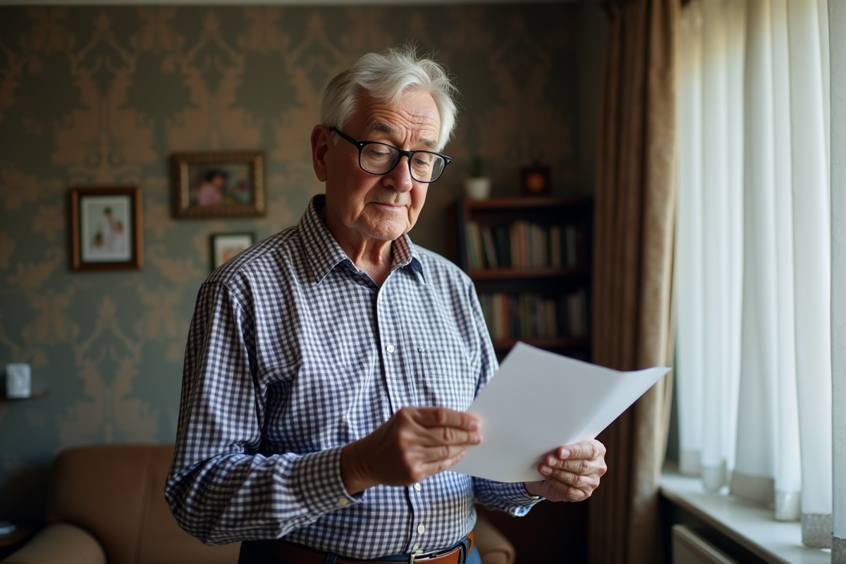 Homme âgé tenant une lettre dans son salon chaleureux