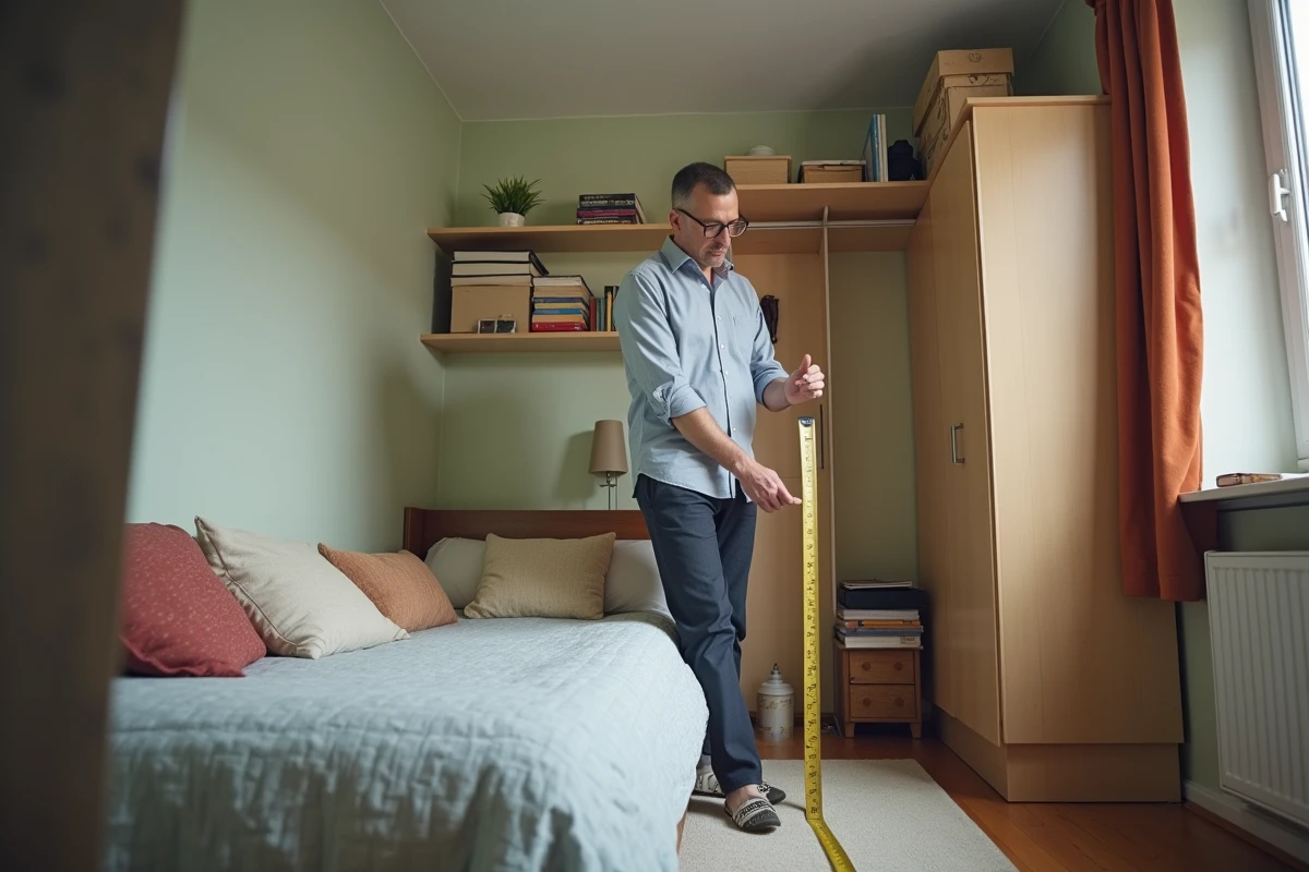 Homme mesurant une petite chambre en 35 caractères