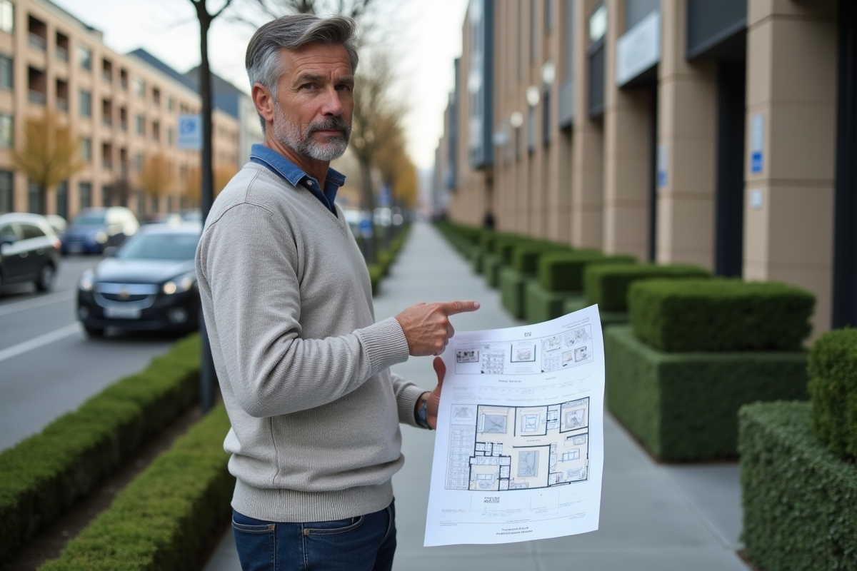 Homme pointant un plan d appartement devant un immeuble en ville
