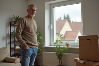 Homme d'âge moyen dans un salon avec cartons en préparation de départ