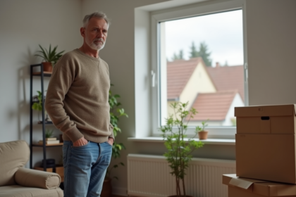 Homme d'âge moyen dans un salon avec cartons en préparation de départ