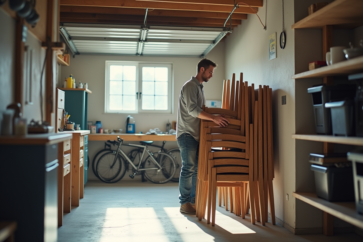 Homme rangeant des chaises dans un garage organisé