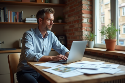 Homme concentré à son bureau dans un appartement belge