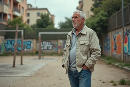 Homme d'âge moyen dans un terrain de jeu graffité à Nice