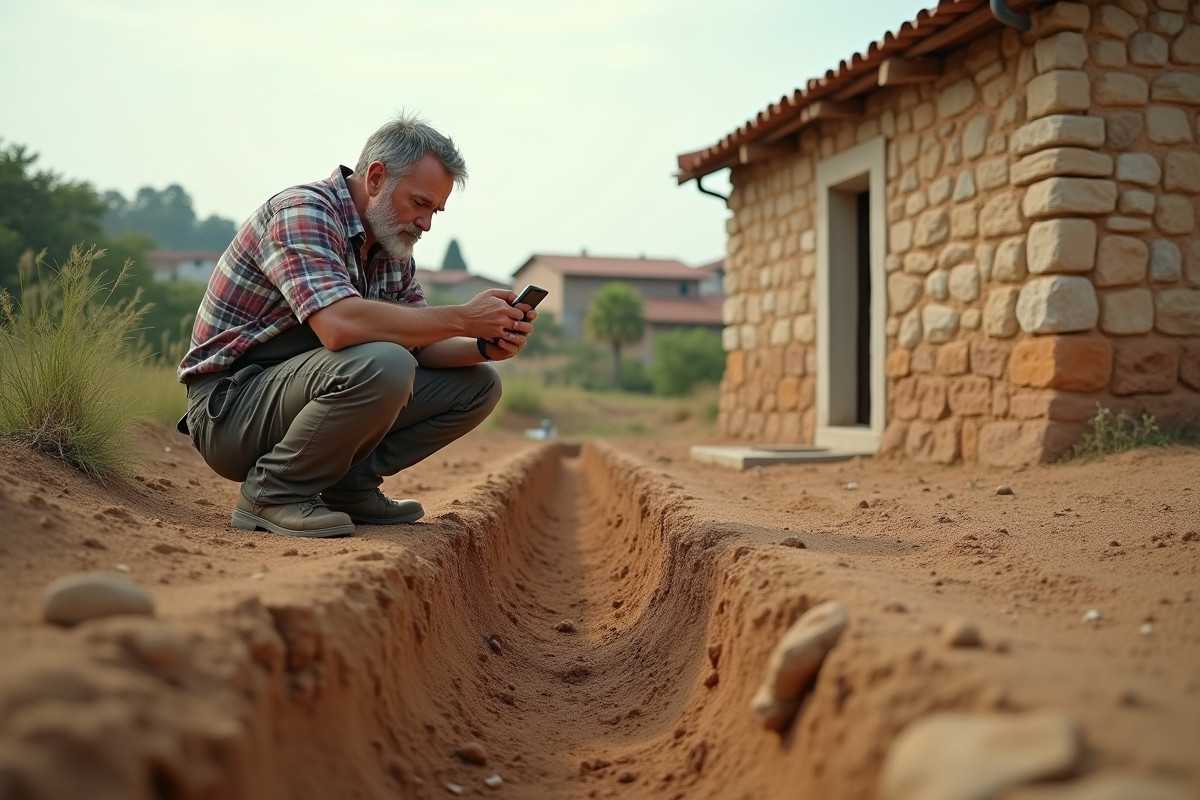 Homme photographiant des fissures sur la fondation de la maison