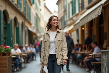 Jeune femme se promenant dans une rue piétonne de l'hyper centre de Grenoble entourée de façades en pierre et de terrasses de café