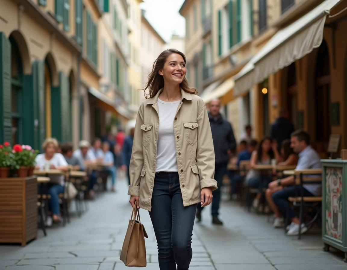 Jeune femme se promenant dans une rue piétonne de l'hyper centre de Grenoble entourée de façades en pierre et de terrasses de café