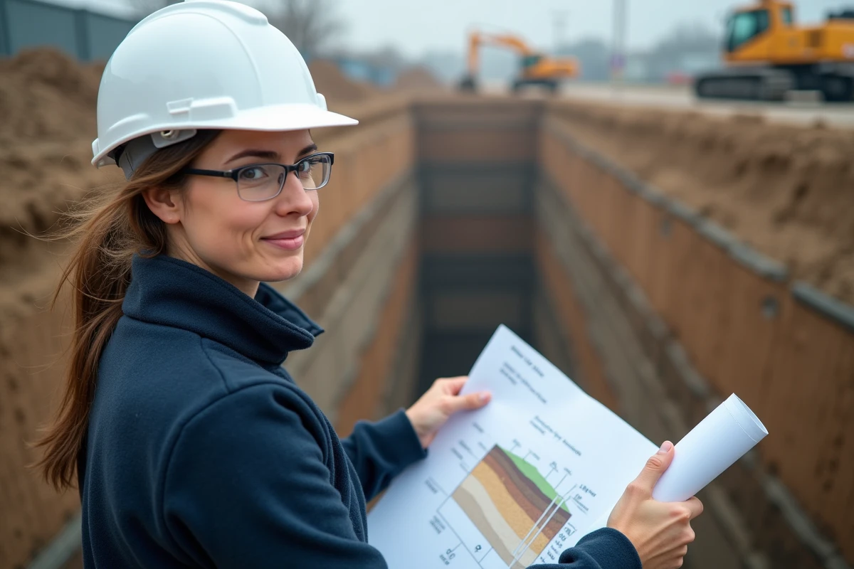 Ingénieure en génie civil consultant un plan en coupe du terrain avec altimétries au bord d'une tranchée d'excavation