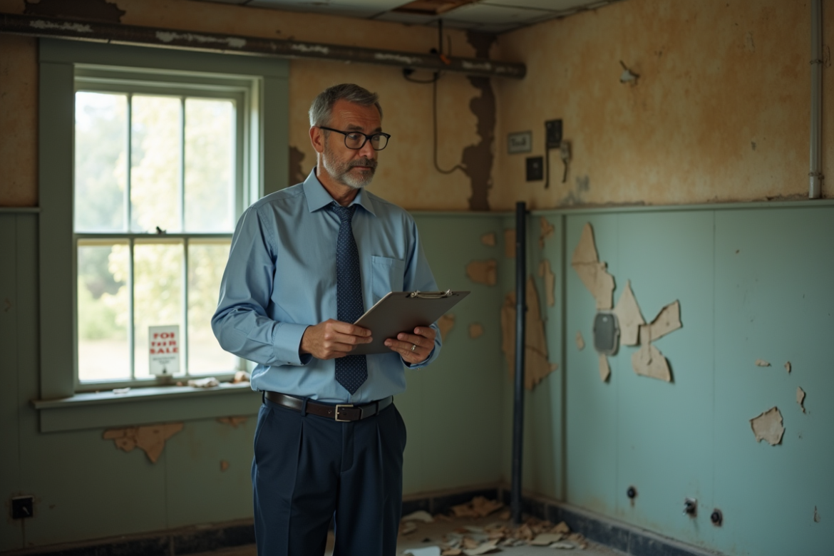 Homme d'âge moyen inspectant des murs abîmés dans une maison abandonnée
