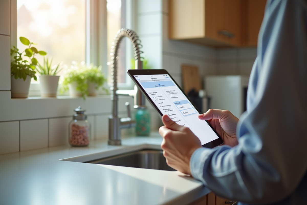 Mains tenant une tablette lors de l inspection de la cuisine