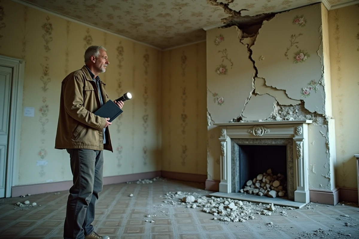 Expert inspectant les dégâts des eaux et le plafond fissuré d'un manoir abandonné lors d'une visite d'estimation immobilière