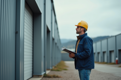 Homme d'âge moyen inspectant portes métalliques extérieures