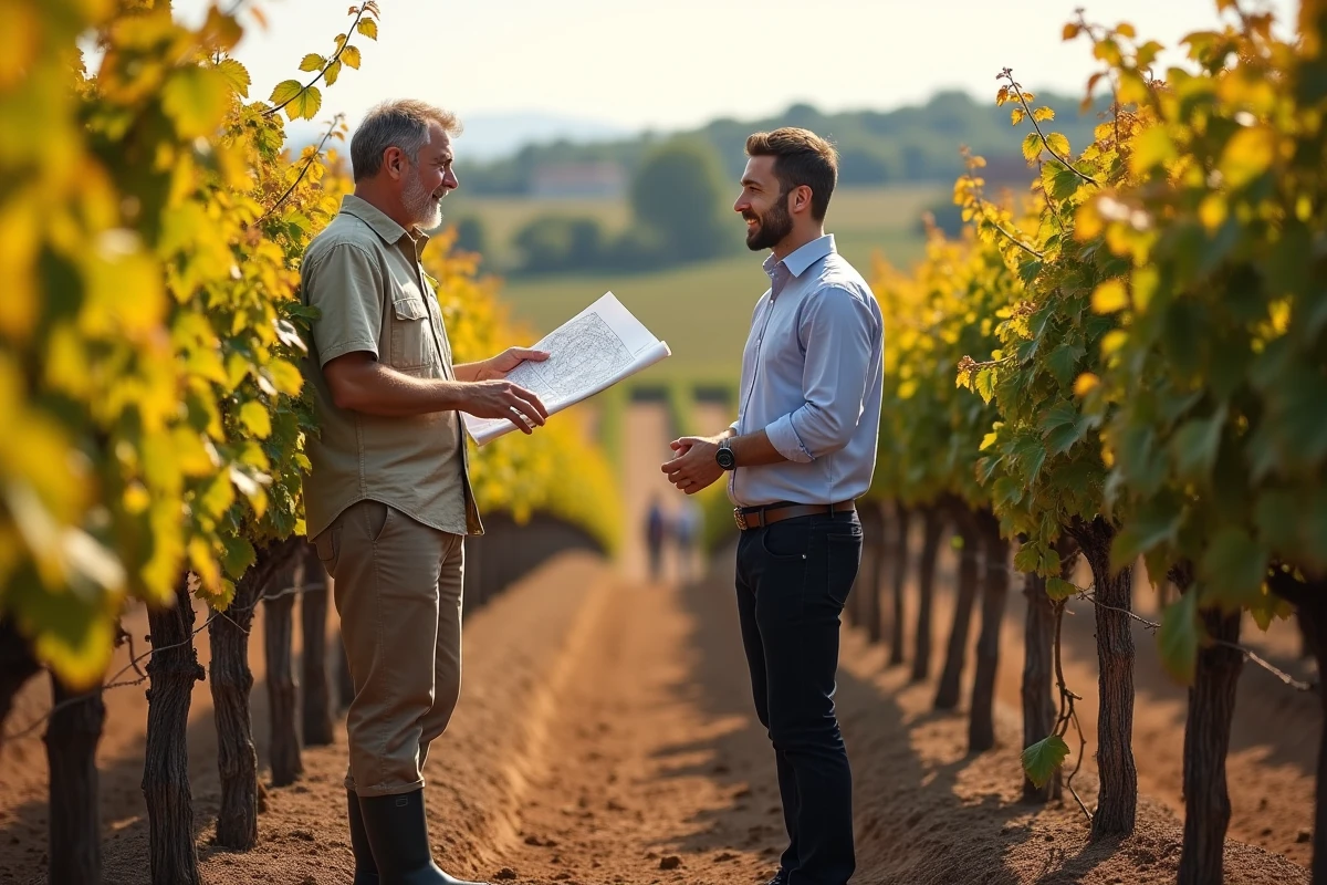 Viticulteur et conseiller SAFER inspectant des rangs de vignes en Gironde avant une transaction foncière
