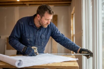 Installateur de fenêtres mesurant un cadre de fenêtre avec un mètre ruban dans une pièce en rénovation