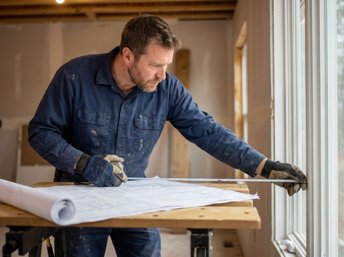 Installateur de fenêtres mesurant un cadre de fenêtre avec un mètre ruban dans une pièce en rénovation