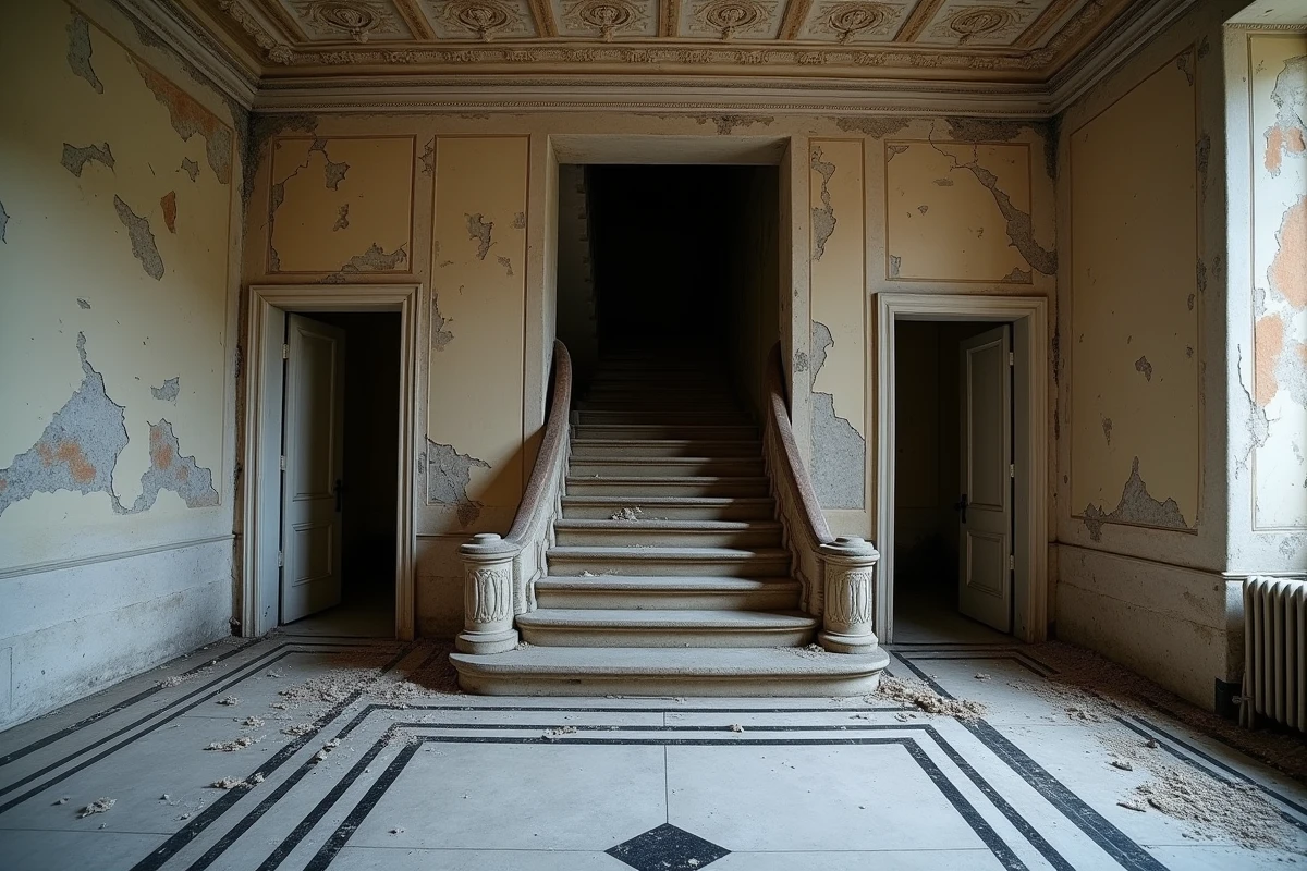 Intérieur délabré d'un château français abandonné avec escalier en pierre et sol en marbre poussiéreux