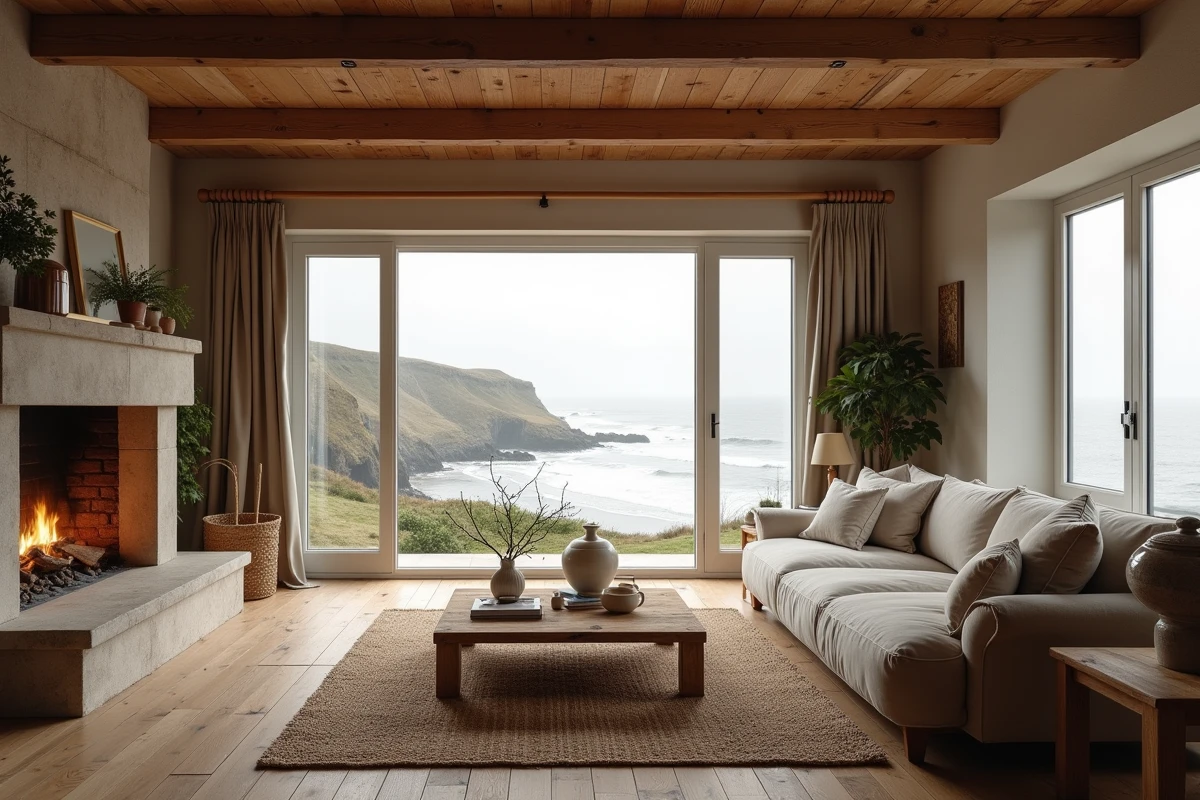 Intérieur chaleureux d'une maison bord de mer en Normandie avec vue sur la côte depuis le salon