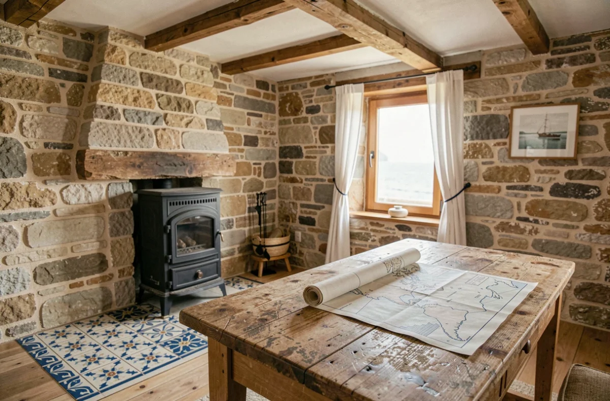 Intérieur rénové d'une maison de pêcheur bretonne avec poutres apparentes et cheminée en fonte
