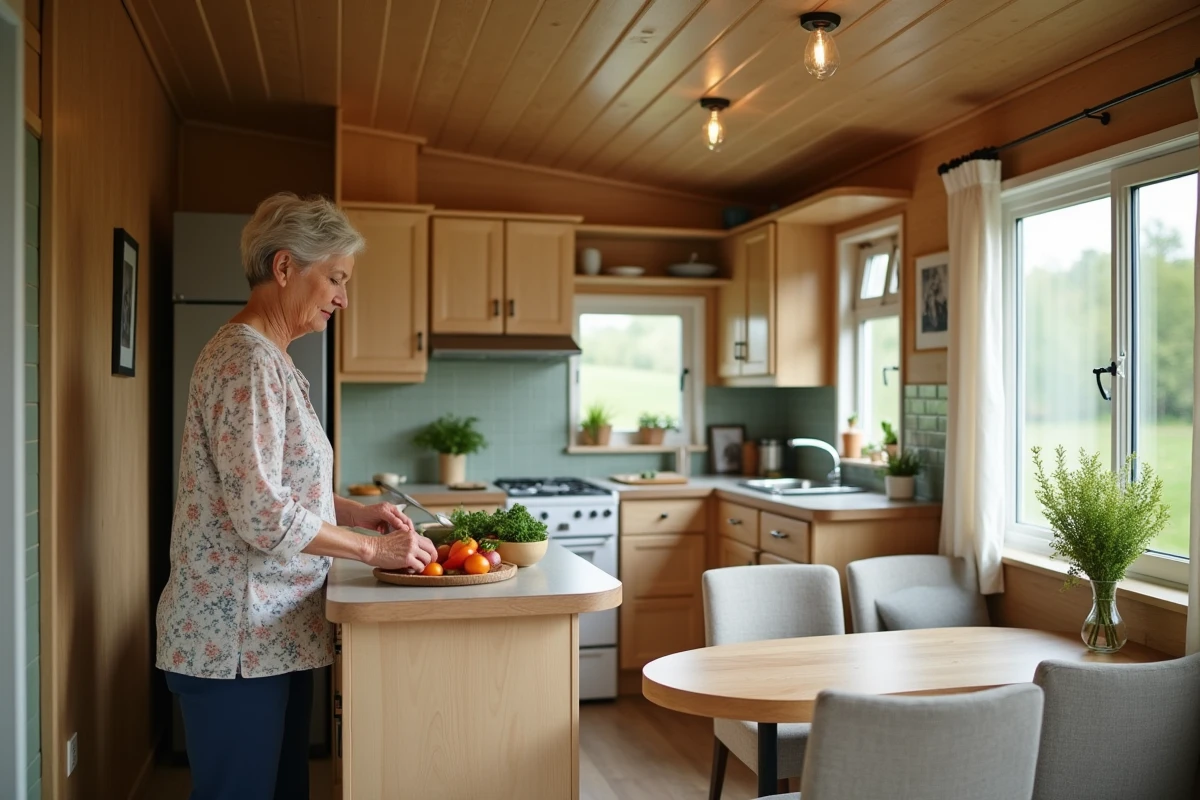Intérieur d'un mobil-home aménagé en résidence secondaire pour la retraite sur terrain privé