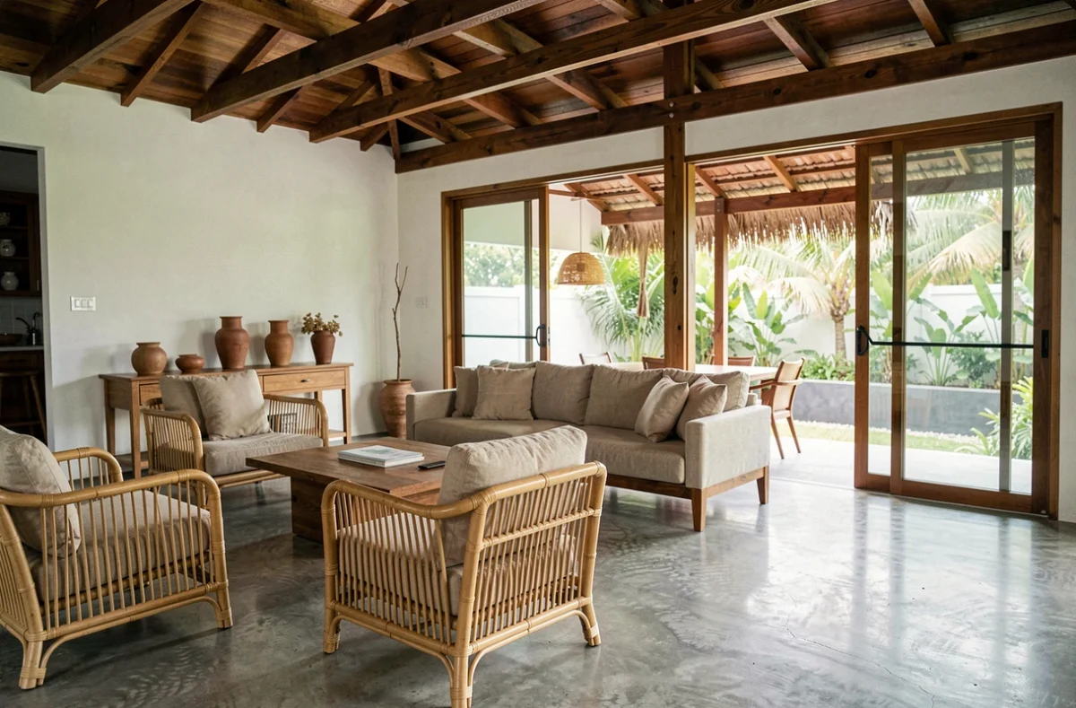 Intérieur d'une villa à vendre à Koh Samui avec salon en plan ouvert et terrasse tropicale