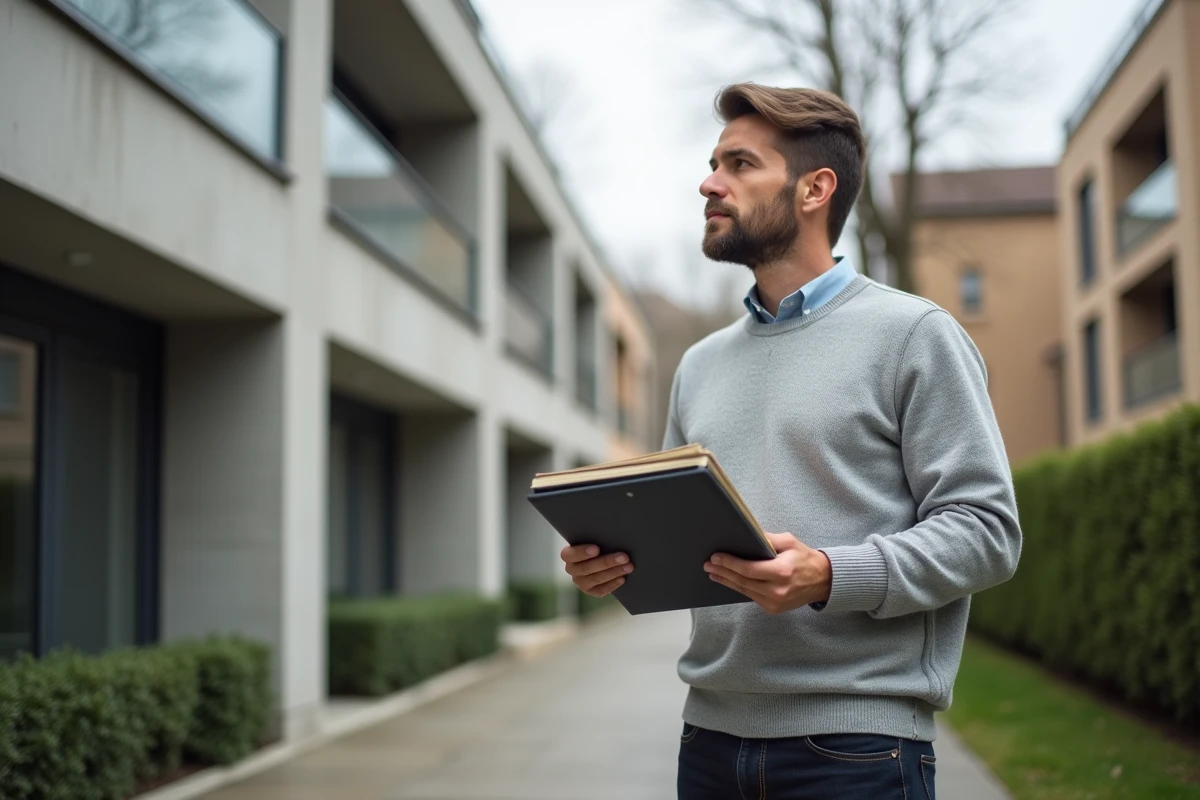 Futur investisseur Pinel devant un immeuble neuf tenant un dossier de conditions de ressources locataires