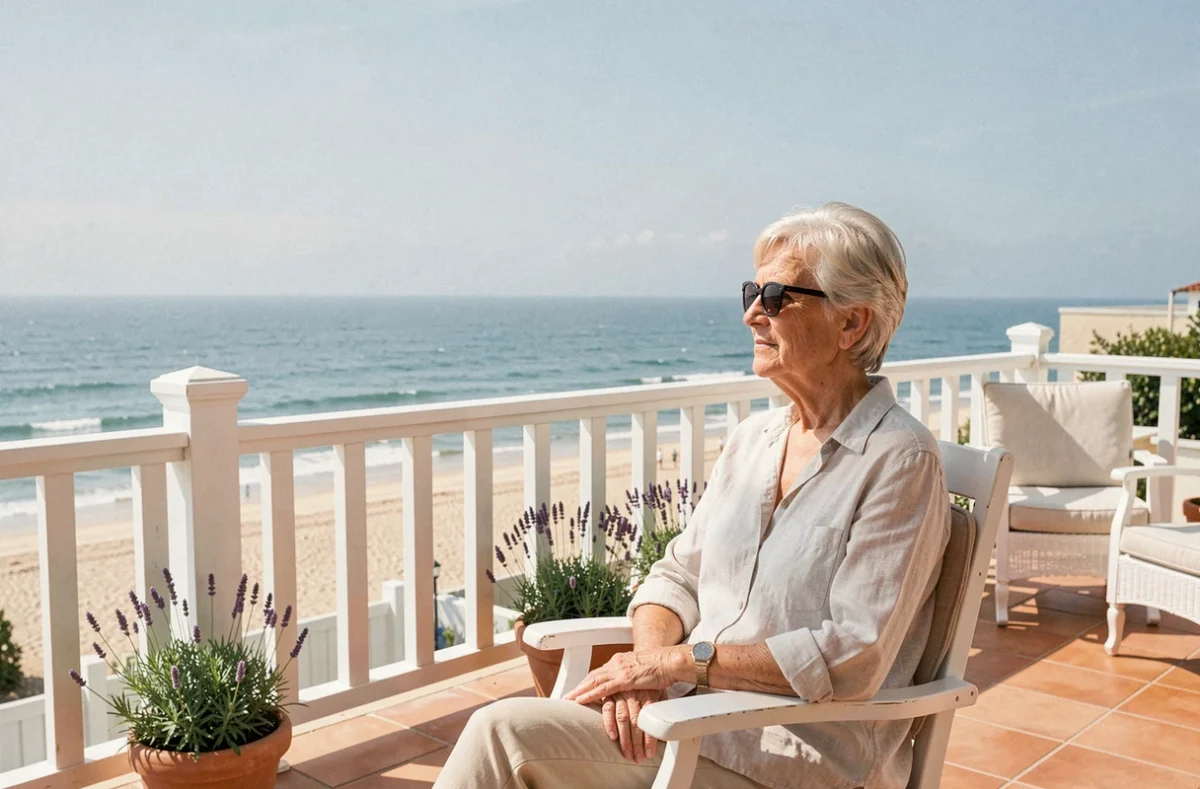 Une résidente des Jardins d'Arcadie aux Sables-d'Olonne profitant de la terrasse avec vue sur l'Atlantique