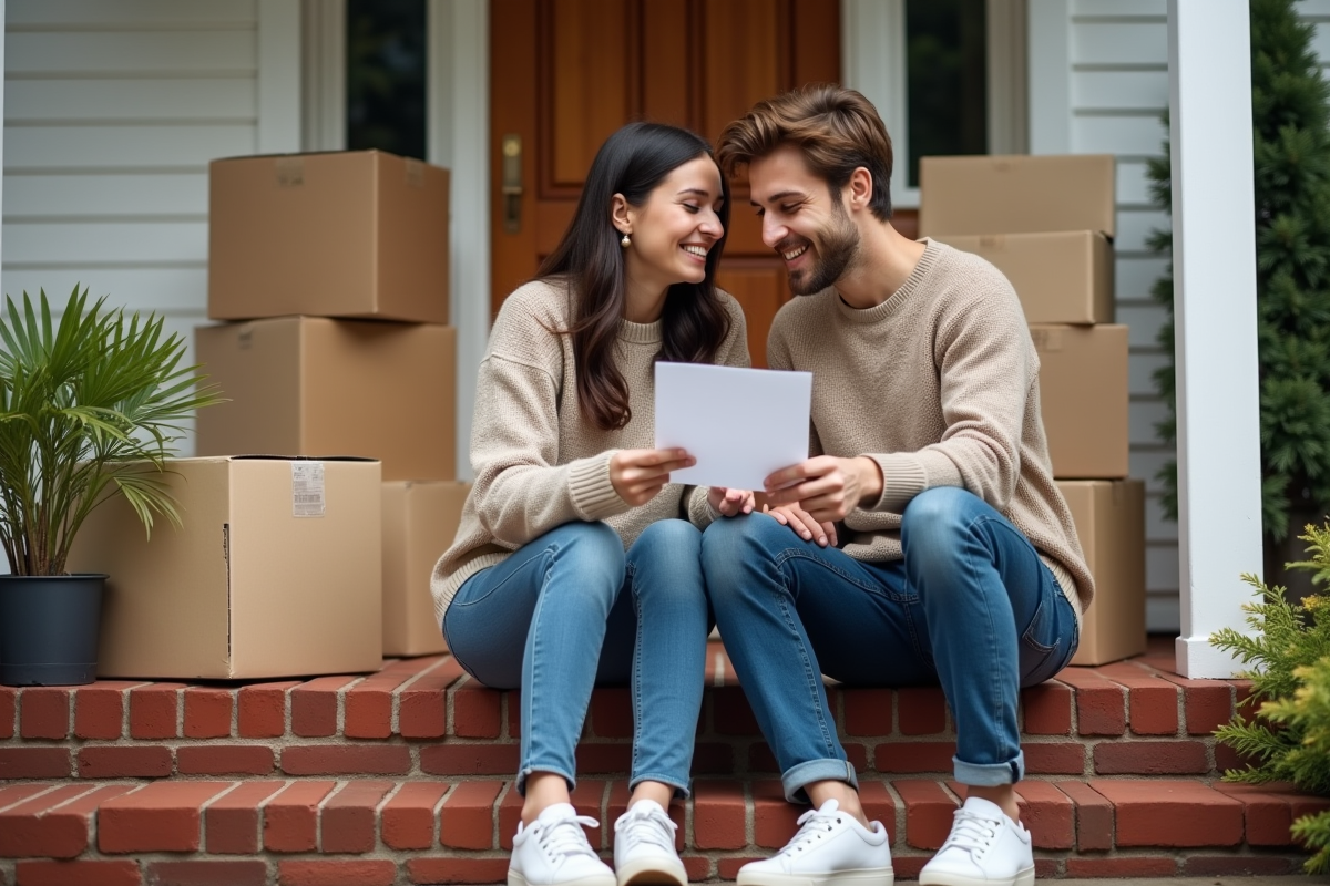 Jeune couple assis devant leur maison avec cartons