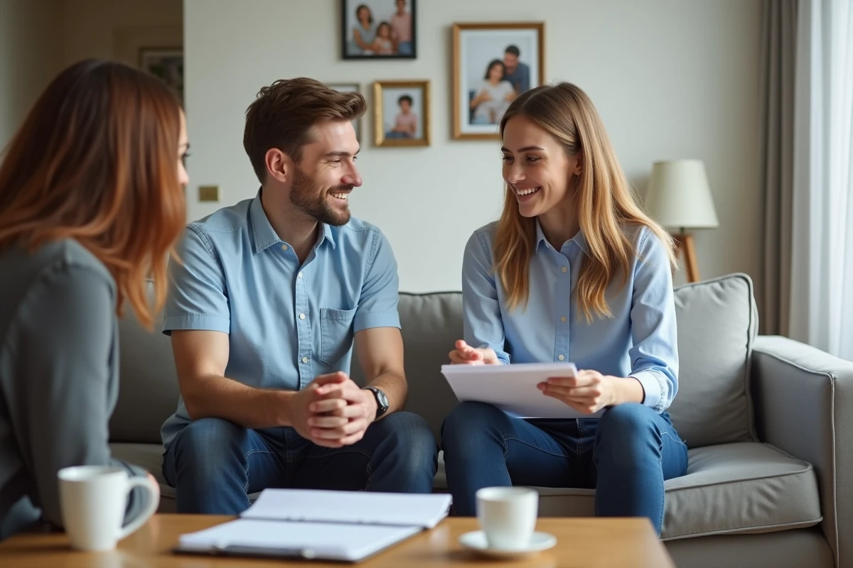 Jeune couple écoutant un agent immobilier dans un appartement lumineux