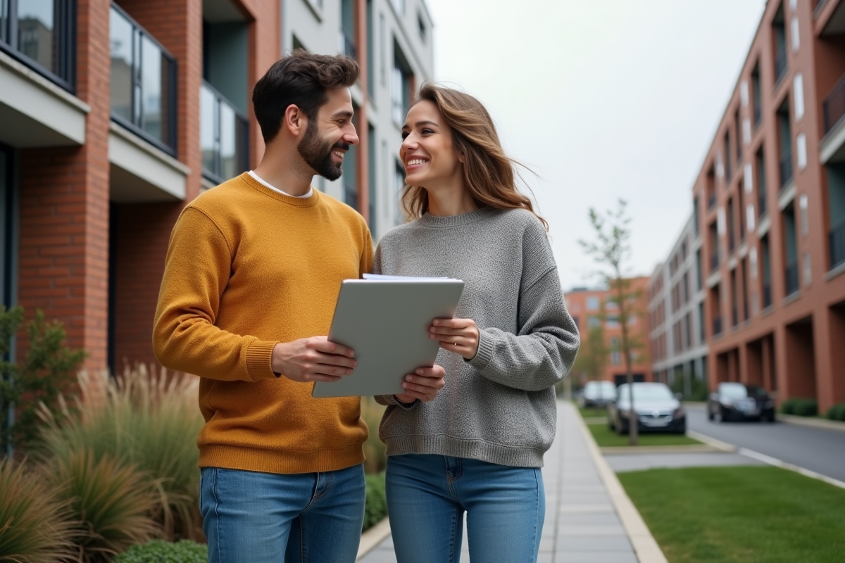 Jeune couple souriant devant un immeuble résidentiel