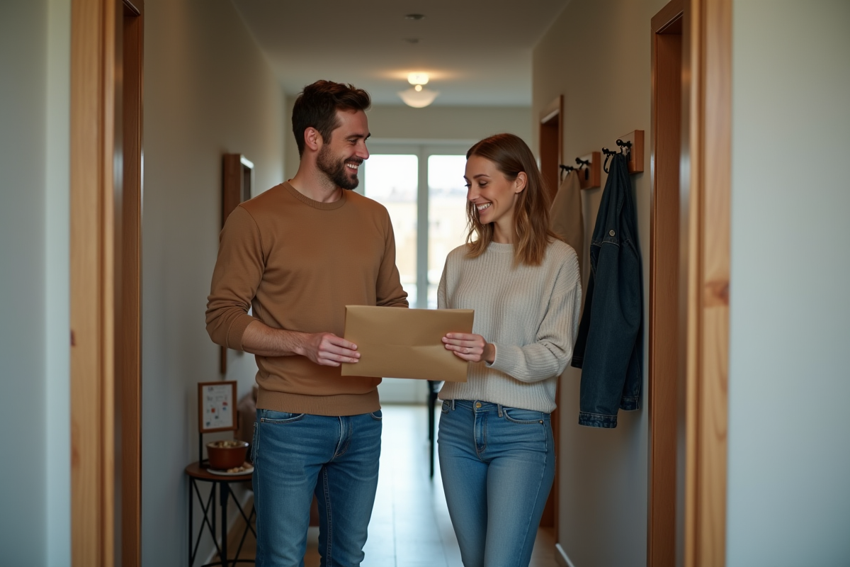 Jeune couple examinant une enveloppe dans l