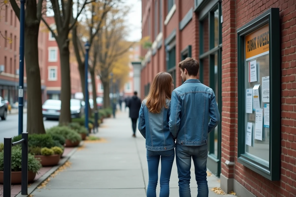 Jeune couple regardant une annonce de location dans la ville