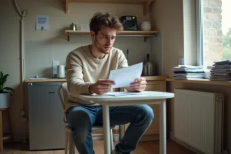 Jeune étudiant examinant un contrat de location dans une cuisine