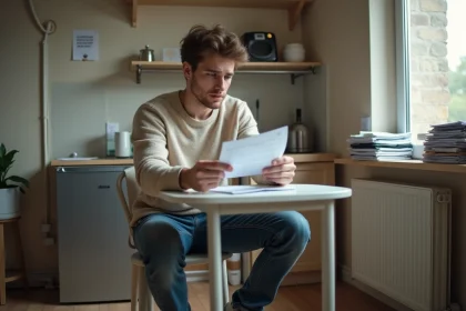 Jeune étudiant examinant un contrat de location dans une cuisine