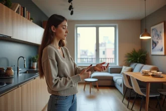 Jeune femme dans un appartement moderne T1 bis