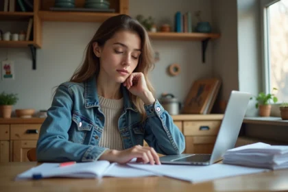 Jeune femme étudiant des documents de logement dans un appartement