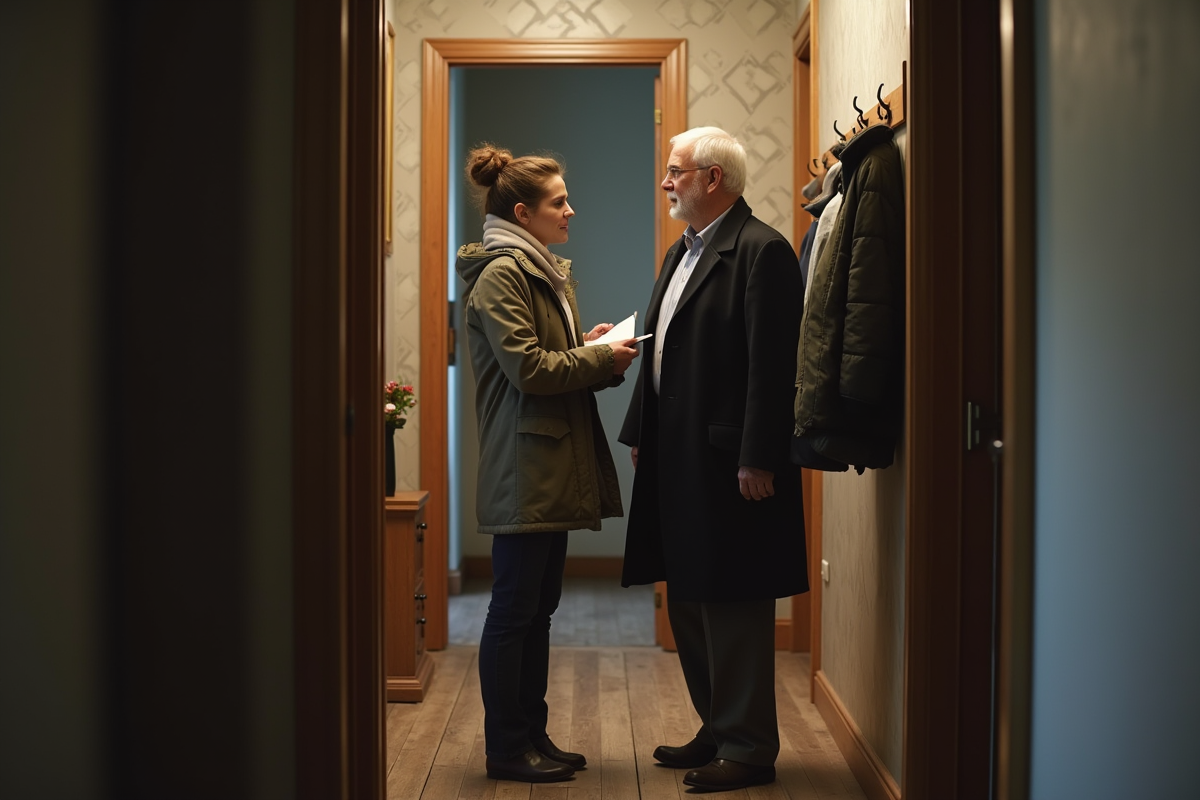 Jeune femme avec un clip-board parlant à un locataire âgé