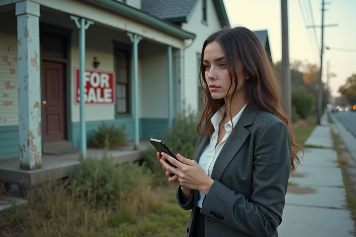 Jeune femme regardant une maison abandonnée avec scepticisme