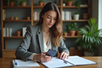 Jeune femme organisant des documents dans un appartement cosy