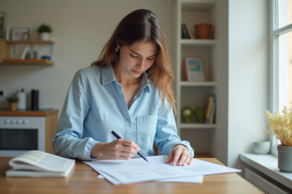 Jeune femme organisant ses documents de location dans un appartement lumineux