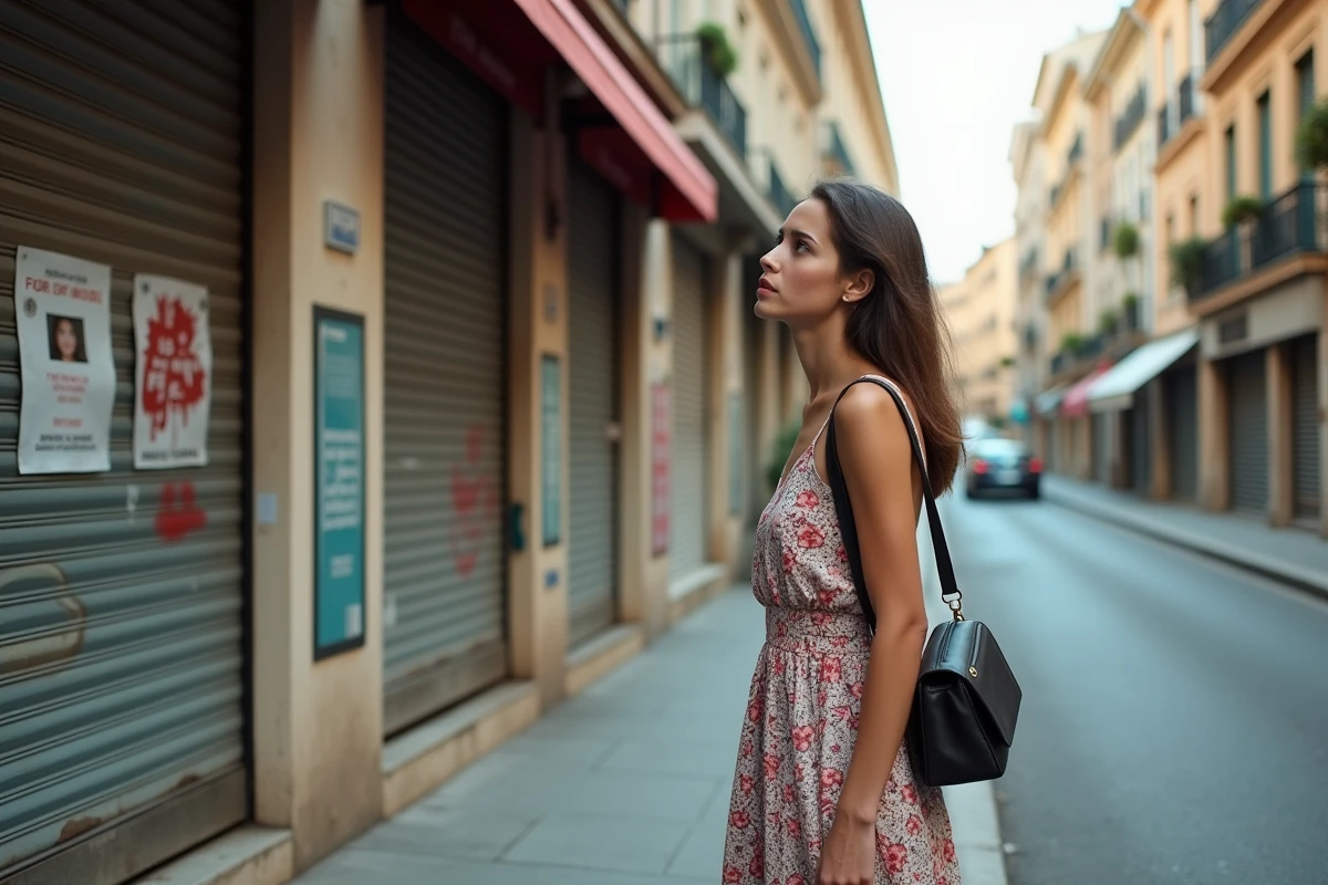Jeune femme regardant des boutiques fermées dans une rue de Nice