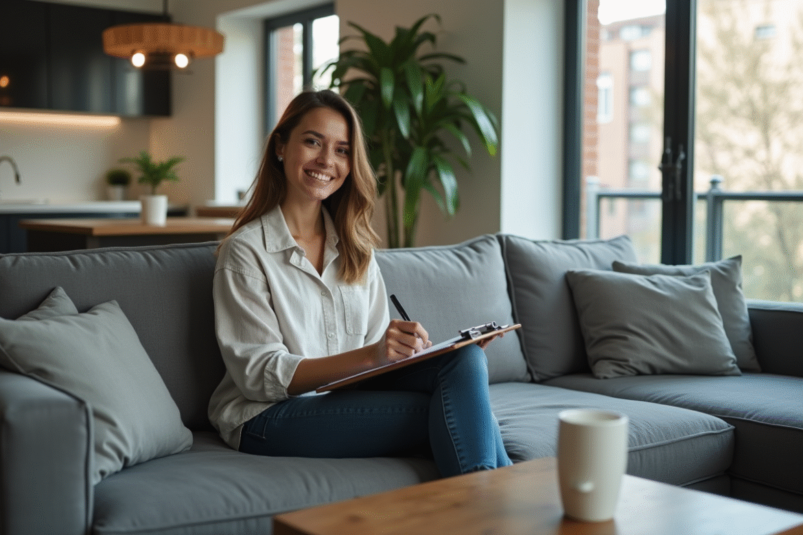 Jeune femme souriante signant un bail dans un appartement moderne