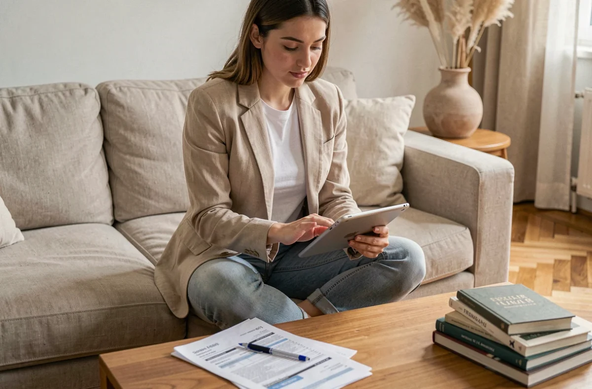 Jeune femme accédant à son espace personnel Nexity sur tablette pour récupérer ses justificatifs fiscaux dans un appartement moderne
