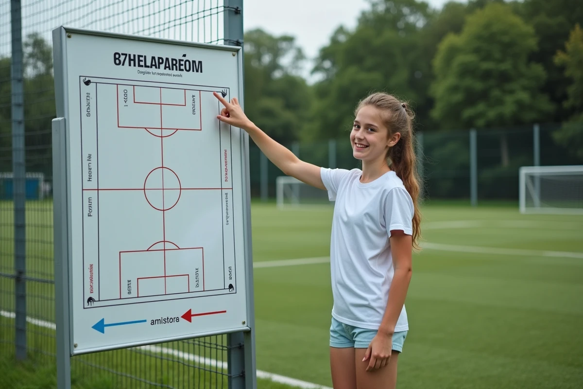 Jeune fille souriante pointant un panneau comparant hectare et terrain de football