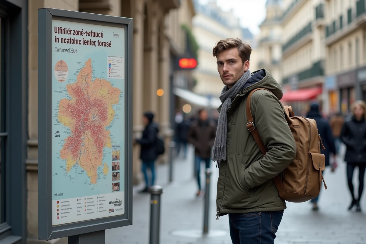 Jeune homme avec sac à dos regardant une carte des zones tendues