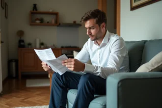 Jeune homme stressé avec factures de loyer en main