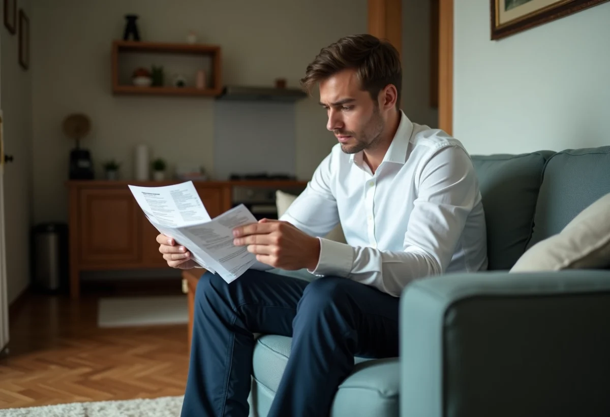 Jeune homme stressé avec factures de loyer en main