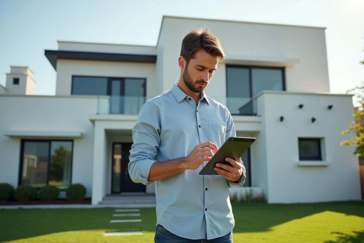 Jeune homme utilisant une tablette devant une maison moderne