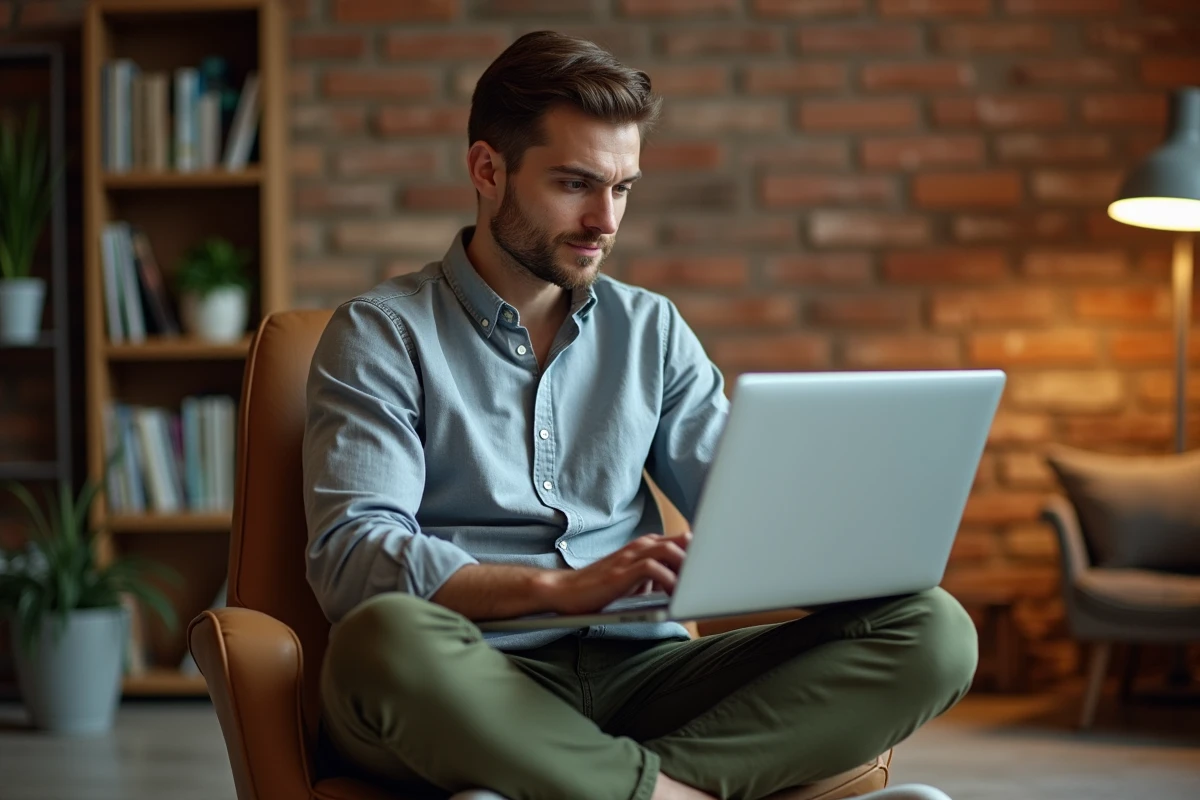 Jeune professionnel de l'immobilier simulant des calculs d'investissement sur logiciel depuis son bureau à domicile